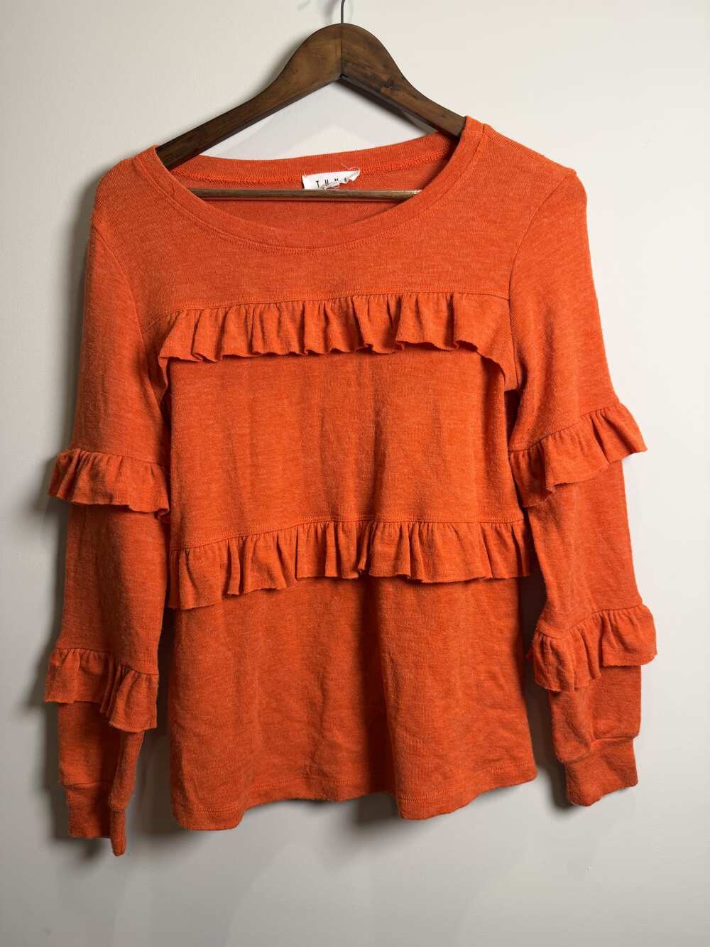 THML Orange Long-Sleeve Ruffle Tunic Top, Size XS